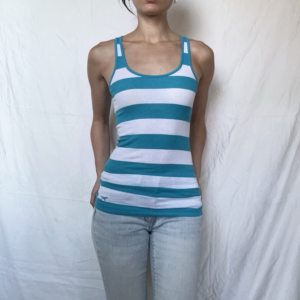 Victoria's Secret PINK Striped Tank Aqua Blue Y2K Beach Surf Indie